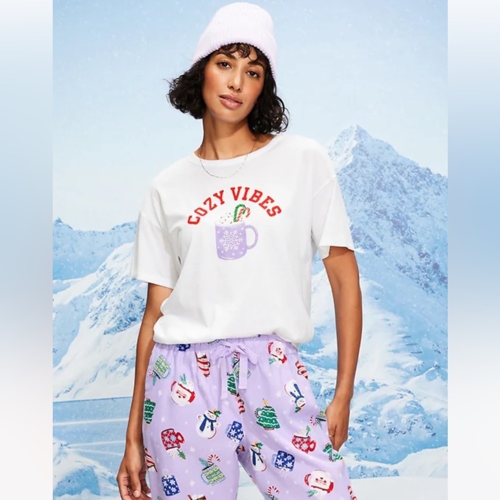 Cozy Vibes White T-Shirt and Purple Pajama Set